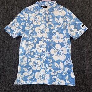 Yatta Golf Polo Shirt Mens Small Kahakai Polu Blue Hawaiian Floral Print